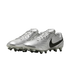 A pair of metallic silver Nike soccer cleats with a black swoosh and grey studs, shown from a three-quarter angle against a black background.