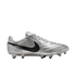 A side profile view of a metallic silver Nike soccer cleat with a black swoosh against a black background.