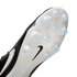 Bottom view of a Nike soccer cleat featuring a white soleplate with light blue studs and a black swoosh logo.
