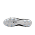 The white sole of a black Nike Tiempo soccer boot with light blue studs, shown against a black background.