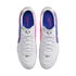 Top-down view of a pair of white Nike Tiempo Ligera soccer cleats with pink and blue side accents and blue insoles.