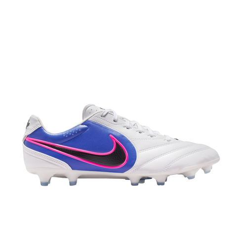 Side view of a white and blue Nike soccer cleat with a black Swoosh outlined in neon pink, set against a black background.