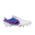 Side view of a white and blue Nike soccer cleat with a black Swoosh outlined in neon pink, set against a black background.