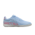 A side-view of a light-blue Nike Streetgato indoor soccer shoe with pink branding and a white sole, set against a solid black background.