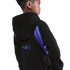 Back view of a boy in a black hoodie with blue mesh accents. A patch on the lower back features the Kobe Bryant, FC Barcelona, and Nike logos.