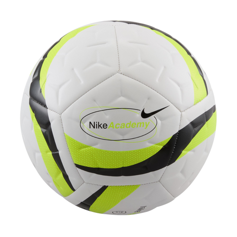 A Nike Academy soccer ball, white with neon yellow and black graphic details, centered on a black background.