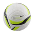 A Nike Academy soccer ball, white with neon yellow and black graphic details, centered on a black background.