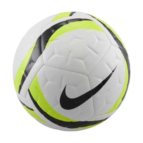 White Nike soccer ball with neon yellow and black curved accents and a large black swoosh, isolated on a black background.