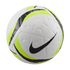 White Nike soccer ball with neon yellow and black curved accents and a large black swoosh, isolated on a black background.