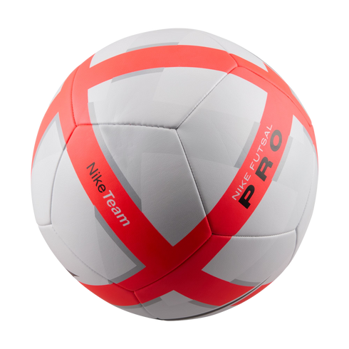 White and bright orange Nike Futsal Pro soccer ball with gray geometric accents against a black background.