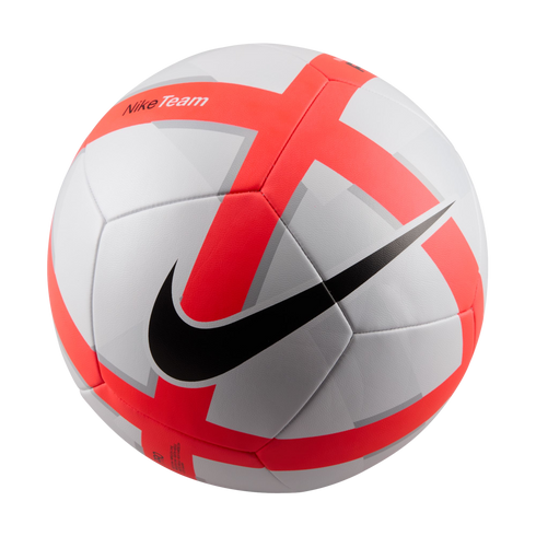 Nike Team soccer ball with white, grey, and vibrant orange geometric panels, featuring a large black swoosh logo, isolated on a black background.