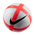 Nike Team soccer ball with white, grey, and vibrant orange geometric panels, featuring a large black swoosh logo, isolated on a black background.