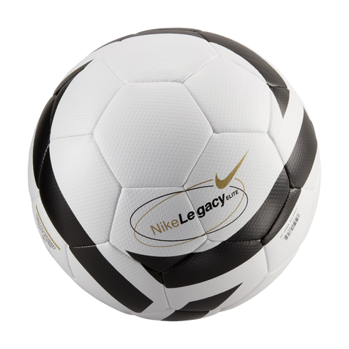 A white Nike Legacy Elite soccer ball with black angular panels and a gold swoosh logo.