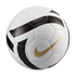 A white Nike soccer ball with bold black graphic patterns and a metallic gold swoosh logo, isolated on a black background.