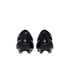 Rear view of two black soccer cleats with light blue "Maestro" script and circular logos on the heels, set against a solid black background.
