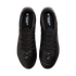 Top-down view of a pair of black Nike Tiempo Maestro soccer cleats with light blue accents, positioned against a solid black background.