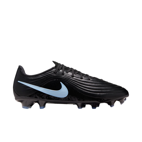 Profile of a black Nike soccer cleat with a light blue swoosh. The shoe has a ribbed texture on the upper and black laces, set against a solid black background.
