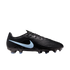 Profile of a black Nike soccer cleat with a light blue swoosh. The shoe has a ribbed texture on the upper and black laces, set against a solid black background.