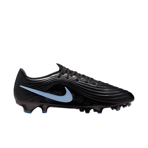 Profile view of a black Nike soccer cleat with a light blue swoosh, textured upper, and blue-tipped studs against a black background.