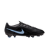 Profile view of a black Nike soccer cleat with a light blue swoosh, textured upper, and blue-tipped studs against a black background.