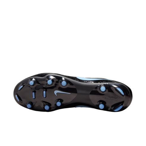 Bottom view of a black Nike Tiempo soccer cleat featuring a glossy black soleplate, light blue studs, and a white Nike swoosh in the center.