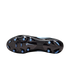 Bottom view of a black Nike Tiempo soccer cleat featuring a glossy black soleplate, light blue studs, and a white Nike swoosh in the center.