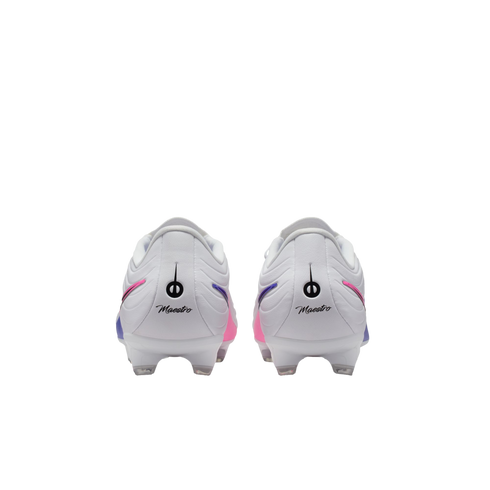 Two white soccer cleats seen from the back, featuring a "Maestro" logo on the heel and colorful pink and purple accents. Set against a solid black background.