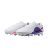 A pair of white Nike soccer cleats with purple and pink accents and a black swoosh, isolated against a black background.