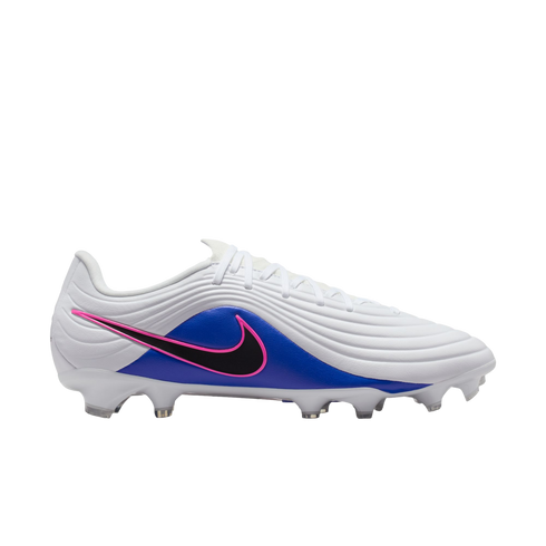 Side profile of a white Nike soccer cleat with a blue panel and a black swoosh outlined in pink against a black background.