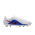 Side profile of a white Nike soccer cleat with a blue panel and a black swoosh outlined in pink against a black background.