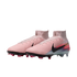 Pair of light pink Nike high-top soccer cleats with a black swoosh and colorful gradient heel on a black background.