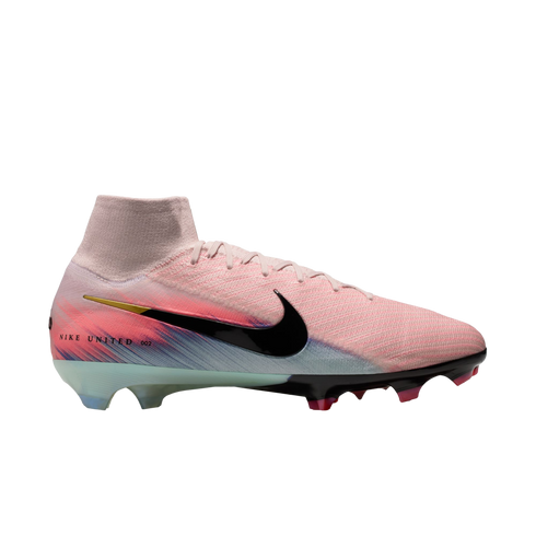 A Nike United high-top soccer cleat featuring a pink upper, black swoosh, and a blue-and-red gradient graphic along the heel and studded sole.