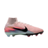 A Nike United high-top soccer cleat featuring a pink upper, black swoosh, and a blue-and-red gradient graphic along the heel and studded sole.