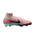 Side profile of a pink Nike Mercurial soccer cleat with a sock collar, featuring a black swoosh, blue and magenta heel accents, and a translucent sole.