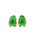 Rear view of a pair of neon green and orange soccer cleats, featuring a black circular graphic on the heels against a black background.