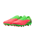 A pair of lime green and coral pink Nike soccer cleats with a textured upper and a studded green sole, set against a black background.