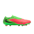 A profile view of a Nike soccer cleat in neon green and bright pink, featuring a large black swoosh on the side, set against a black background.