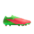 A side profile of a Nike Phantom Flyknit soccer cleat in vibrant lime green and bright coral pink, set against a solid black background.