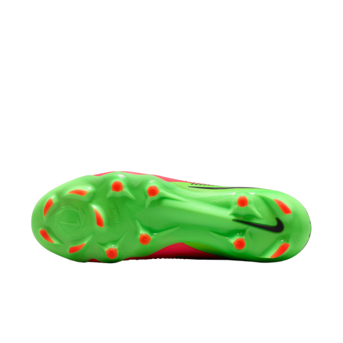 Bottom view of a vibrant green Nike soccer cleat outsole with orange-red studs and a black Nike swoosh logo on the heel. The text "NIKE CYCLONE 360" is embossed near the circular forefoot stud pattern.