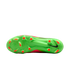 Bottom view of a vibrant green Nike soccer cleat outsole with orange-red studs and a black Nike swoosh logo on the heel. The text "NIKE CYCLONE 360" is embossed near the circular forefoot stud pattern.