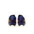 Rear view of a pair of dark blue soccer cleats with vibrant yellow and orange designs, set against a solid black background.