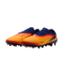 Nike soccer cleats with a navy blue and orange upper, red and yellow accents, and studded soles, shown against a black background.