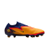 Profile view of a blue and orange Nike Phantom soccer cleat with red accents, displayed against a solid black background.