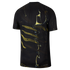 A back view of a black short-sleeved athletic shirt featuring a bold, abstract marbled pattern in shades of gold and yellow with subtle blue highlights.
