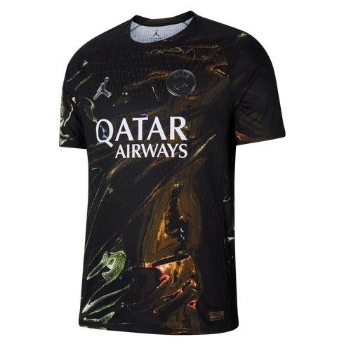 A black and gold Paris Saint-Germain soccer jersey with a marbled pattern, featuring the Jordan Jumpman logo, the PSG club crest, and "QATAR AIRWAYS" in white text across the chest.