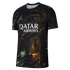 A black and gold Paris Saint-Germain soccer jersey with a marbled pattern, featuring the Jordan Jumpman logo, the PSG club crest, and "QATAR AIRWAYS" in white text across the chest.