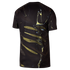 A back view of a black short-sleeved athletic t-shirt featuring an abstract, liquid-like marble pattern in shades of yellow, gold, and blue.