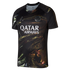 A short-sleeved Paris Saint-Germain soccer jersey by Jordan, featuring a black base with a swirling gold and brown marbled pattern, a white Qatar Airways sponsor logo, and silver team and brand logos.