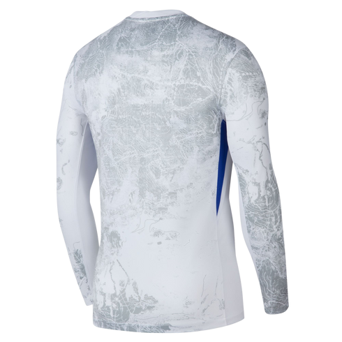 Back view of a white long-sleeved athletic shirt with a grey topographic map pattern and blue side panels.