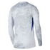 Back view of a white long-sleeved athletic shirt with a grey topographic map pattern and blue side panels.